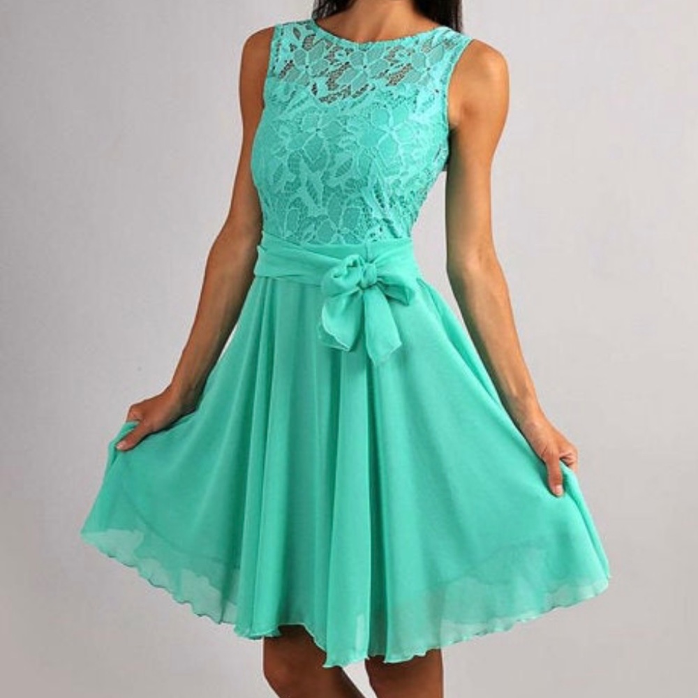 Handmade Mint Green Blue Lace Chiffon Short Mini A-Line Dress Small NWOT